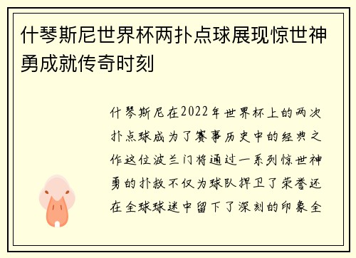 什琴斯尼世界杯两扑点球展现惊世神勇成就传奇时刻